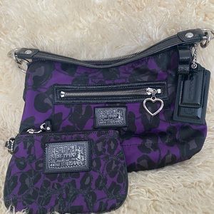 Vintage coach, purple, ocelot print handbag with matching wristlet